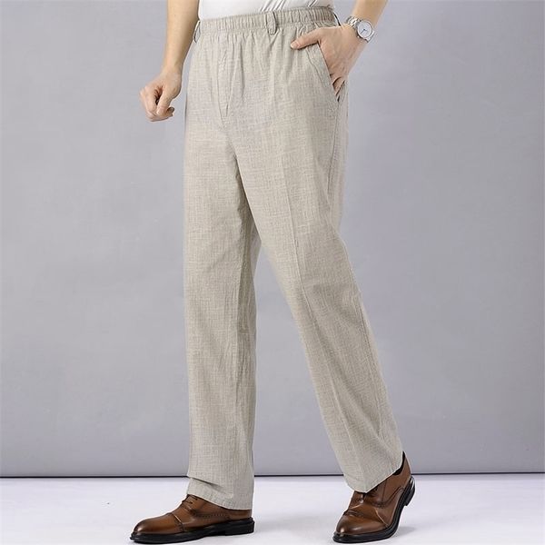 

men's high waist trausers summer pants clothing novelty linen loose cotton elastic band thin work vintage wide legs 220218, Black