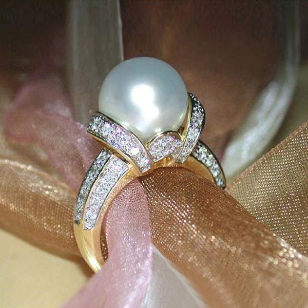 

wedding rings caoshi exquisite lady party ring brilliant crystal imitation pearl bands gold color engagement accessories fancy jewelry, Slivery;golden