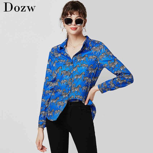 

fashion animal zebra print women blouses loose leisure long sleeve blouse shirt turn down collar ladies tunic blusas 210414, White