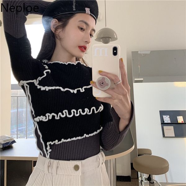 

neploe sweaters women slim chic ruffles knitted pullovers thicked fashion long sleeve jumper pull femme sweet sueter 4h440 210422, White;black