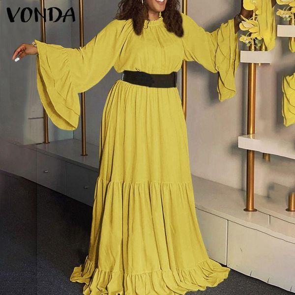 

casual dresses women dress 2021 vonda vintage flare sleeve party long maxi beach bohemian sundress ruffled vestido oversized, Black;gray