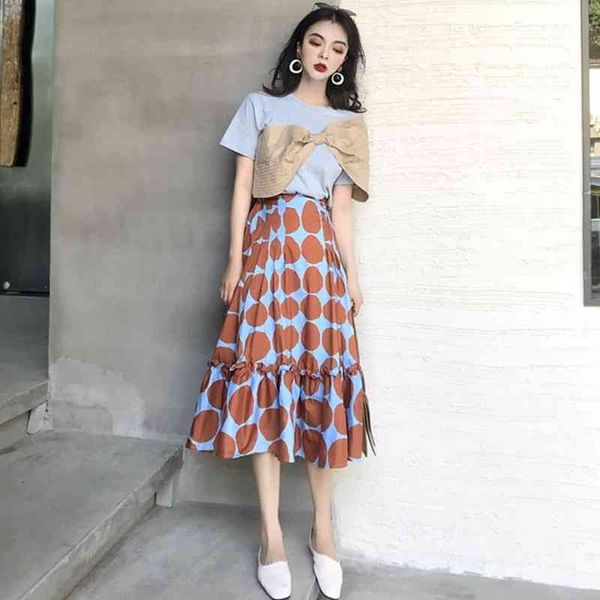 

women's pants summer women two casual o-neck bow t-shirt + elastic waist polka dot long skirt fashion 2 piece set, White