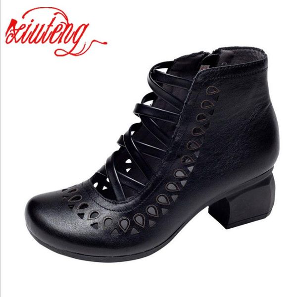 

boots xiuteng 2021 women anckle boot genuine cow leather laser hole round tow pvc outsole light by thick heel handmade lady shoes, Black