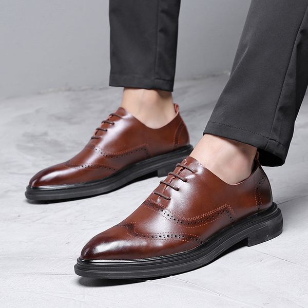 

genuine leather dress men shoes lace up italy retro business wedding formal flats shoes for men, Black