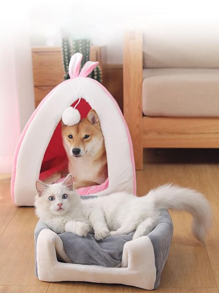 

cat beds & furniture ins collapsible pet dog house plush ears cave kennel winter warm mats nest sofa cushion supplies
