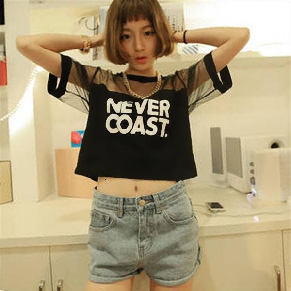 

crop sleeve mesh see womens t shirt through short for pl2, White