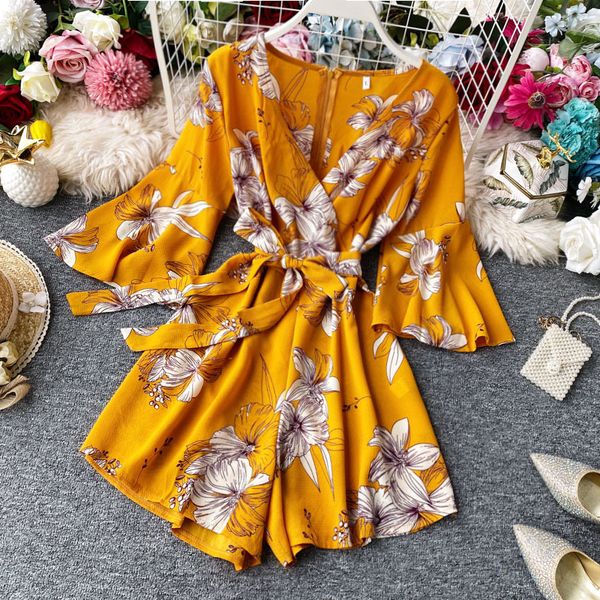 Aibeautyer Imprimir Estilo de Praia Chiffon Mulheres Playsuits Coreano Alta Lacagem Lugar Grande Perna Jumpsuits V Neck Flare Manga Boho Rupe Femme 210512