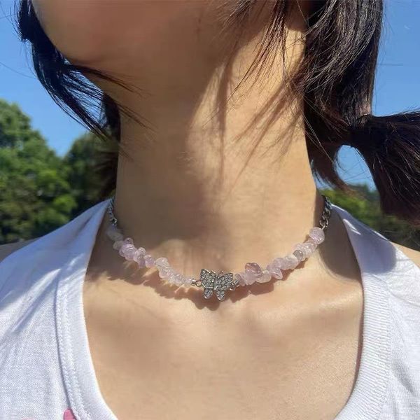 

chains boho multi- natural stone necklaces for women rhinestone butterfly necklace vintage clavicle chain jewelry gift, Silver