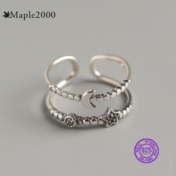 

cluster rings ring small fresh star moon for women zircon double personality 925 sterling silver female jewelry, Golden;silver