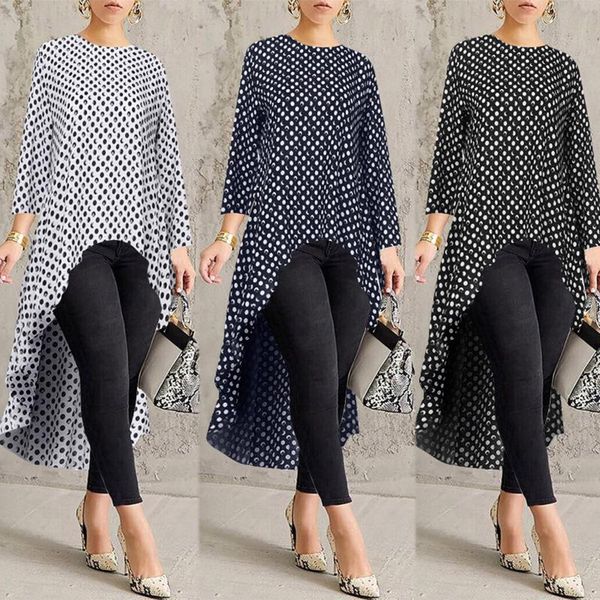 

women's t-shirt dot printed shirts women o neck long sleeve high low asymmetrical t shirt lady elegant office wear t-shirts camisetas, White