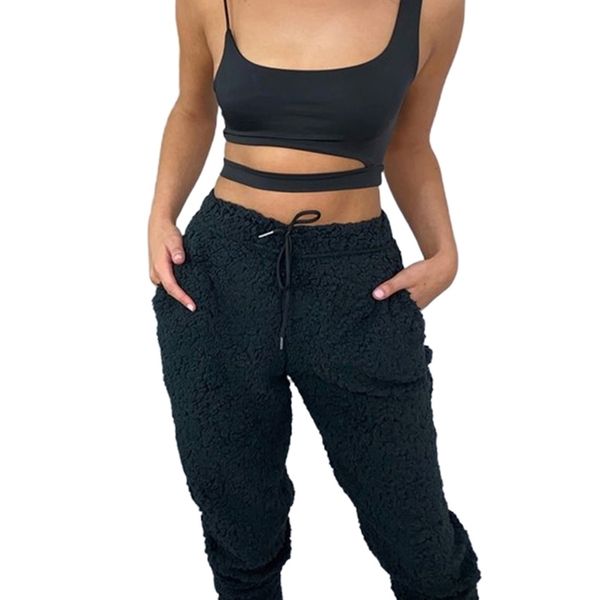 

women ankle length pajamas pants solid color pocket decorated drawstring natural waist fleece warm 210522, Black;white