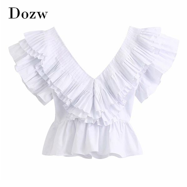 Derin V Boyun Ruffles Chic Bluz Kadınlar Seksi Backless Beyaz Gömlek Kadın Kolsuz Tatil Plaj Pileli Üst Yaz Camisas Mujer 210414