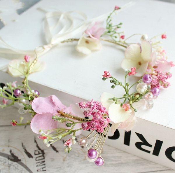 

2021 children simulation flowers wreath girls pink floral pearl garland headdress headband bridal flower kids hair accessories s1040, Slivery;white