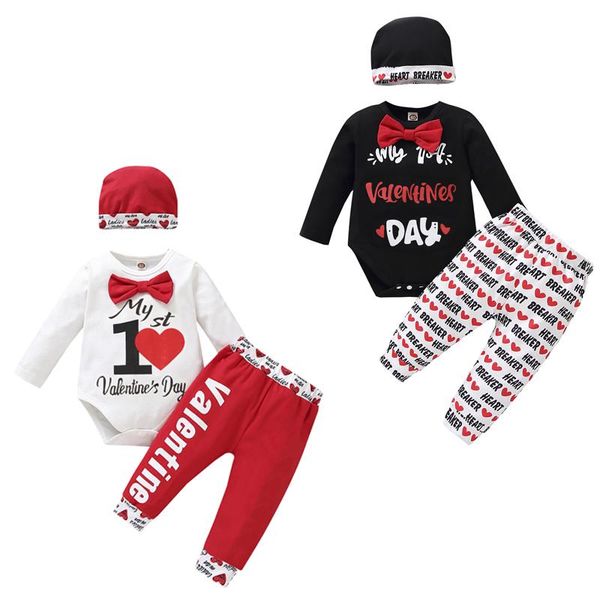 

clothing sets valentines born baby girls boys clothes 3pcs letter heart print long sleeve romper pants hats 0-12m, White