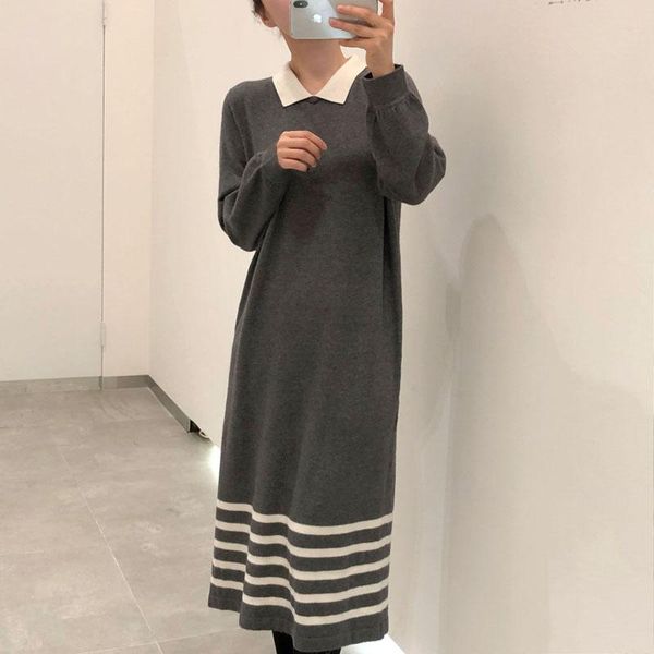 

casual dresses loose midi dress knitted sweater women's spring and autumn robe elegant pullover stretch comfortable vestidos, Black;gray