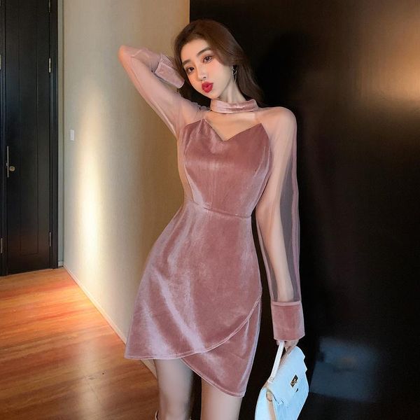 

casual dresses vestidos mujer autumn slim retro pink puff long sleeve mesh dress women mini irregular hollow out robe fashion velvet, Black;gray