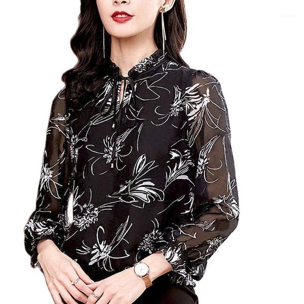 

women's blouses & shirts women spring summer style chiffon lady casual long sleeve flower printed stand color blusas df4065, White
