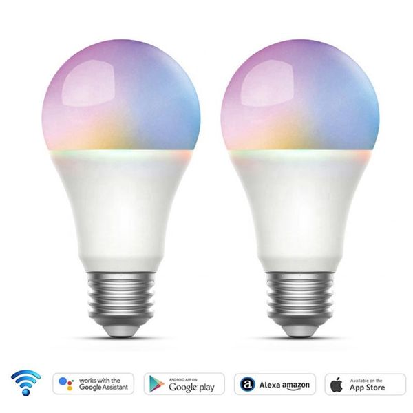 

bulbs 2pcs tuya wifi smart light bulb led lamp e27 9w rgb+c+w dimmerable timer wireless remote control work with alexa google home