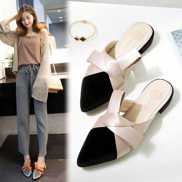 

slippers shallow butterfly-knot women closed toe outside low wedges slides spring autumm solid shoes, Black