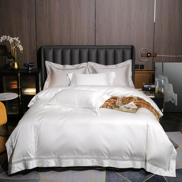 

bedding sets 3/4pcs snowy white bed king size plain color duvet cover set hollow edge quilt covers pillowcases cotton sateen