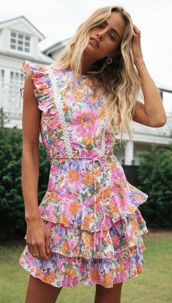 

summer fashion elegant floral printed women dress crew neck ruffle sleeveless open back layered hem cake, Black;gray