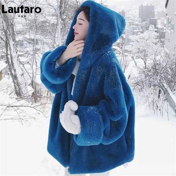 LAUTARO Kış Boy Sıcak Mavi Yumuşak Faux Kürk Kadın Hood Ile Uzun Kollu Fermuar Kabarık Ceket Gevşek Kore Moda 211110