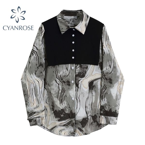 

women's tie dye cardigan blouses with shawl sets streetwear fashion oversized long sleeve shirts mujer grunge tide blusas 210430, White