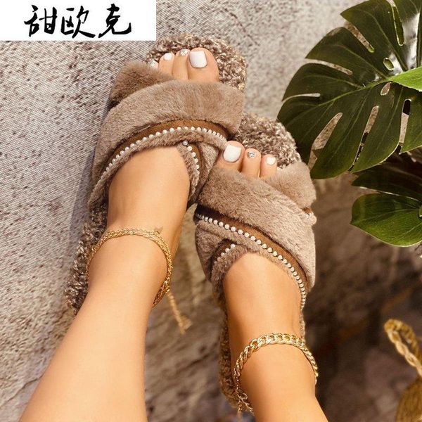 

fashion slippers warm plush women's open toe comfort shoes women indoor casual flat shoe female footwear 2021 large 43, Black