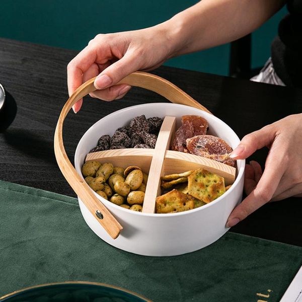 

kitchen storage & organization ceramic trays nordic compartment snacks dessert plate with handle candy fruit baskets organizer supplies