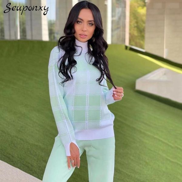 

women's two piece pants autumn and winter 2021 plaid 2 two-piece set long-sleeved pullover + waist casual, White