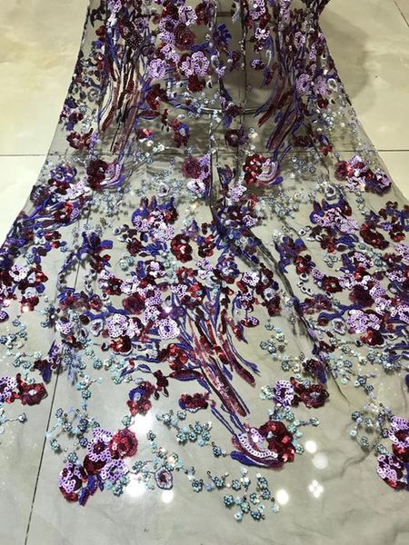 

ribbon premium sequin composition flower bloom pattern embroidery french mesh lace dress design fabric 5 yards, Pink;blue