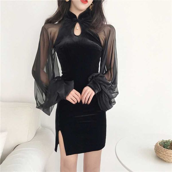 

autumn fashion elegant chiffon lanterns sleeve velvet patchwork dresses vintage sashes pleated high waist dress cheongsam 210601, Black;gray
