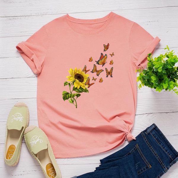 

women's t-shirt women sunflower butterfly printed t shirt s-5xl summer plus size tshirt o-neck short sleeve tees 100%cotton t-shirts bl, White