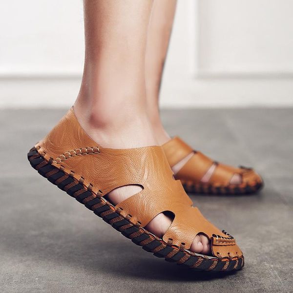 

sandals men shoes gladiator mens handmade sewing fashion outdoor summer flip flops gray black flat