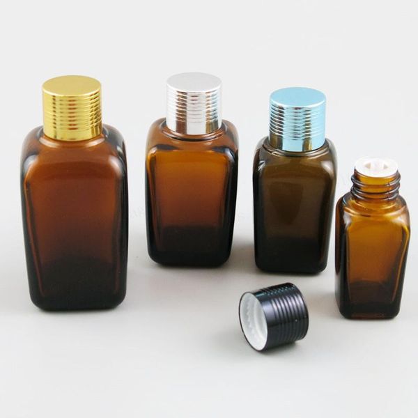 

10ml 25m 35ml 50ml 100ml amber square glass travel refillable bottle with black silver gold cap storage bottles & jars