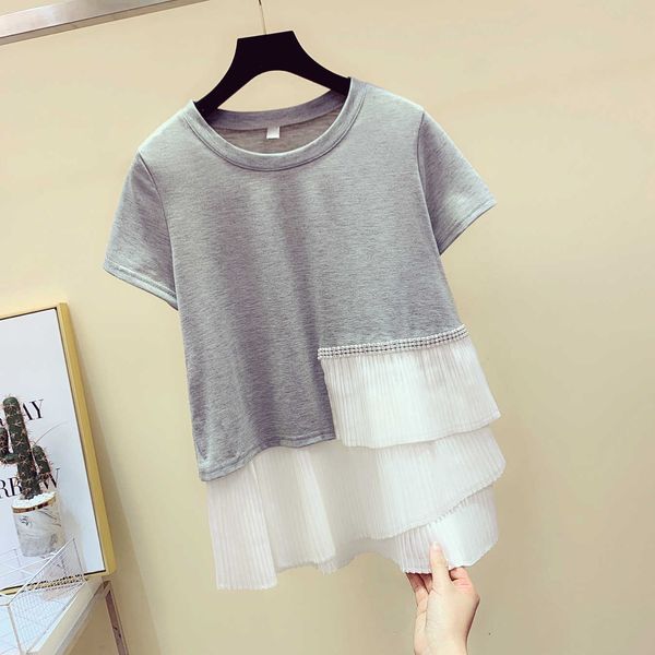 

spring and summer korean-style irregular joint diamond set short-sleeved cotton t-shirt women's loose-fit 210615, White