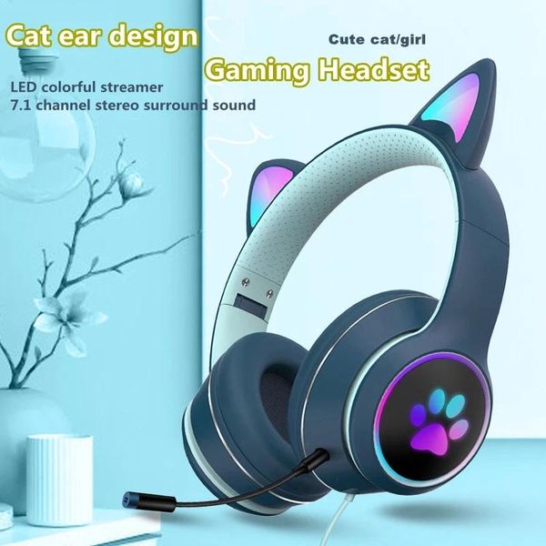 

wired headset with microphone akz-022 cat ear adjustable headphones 7.1 channel led lighting over-head & earphones