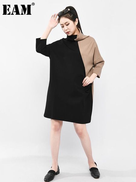 

casual dresses [eam] women contrast color big size knee-length dress turtleneck long sleeve loose fit fashion spring autumn 2021 jk39901, Black;gray