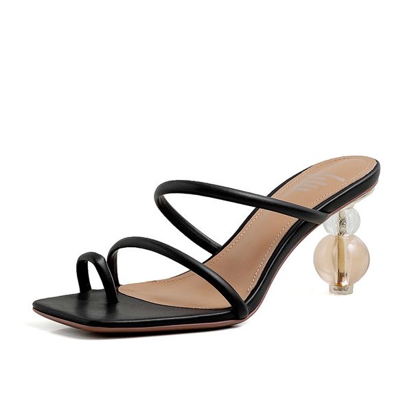 

high-heeled sandals summer white square toe ladies shoes transparent crystal heel slippers women luxury sandals, Black