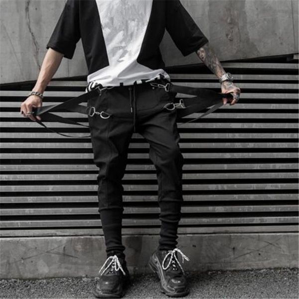 

men's pants personality metal button hip hop cargo men casual ribbons sweatpants korean style joggers black trousers harem