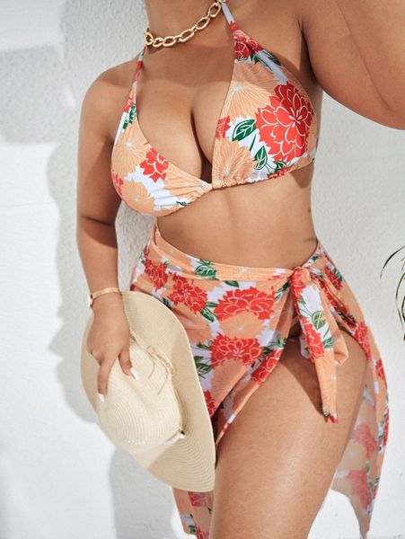 

3pack plus floral print halter bikini swimsuit & beach skirt a0v9#, Black