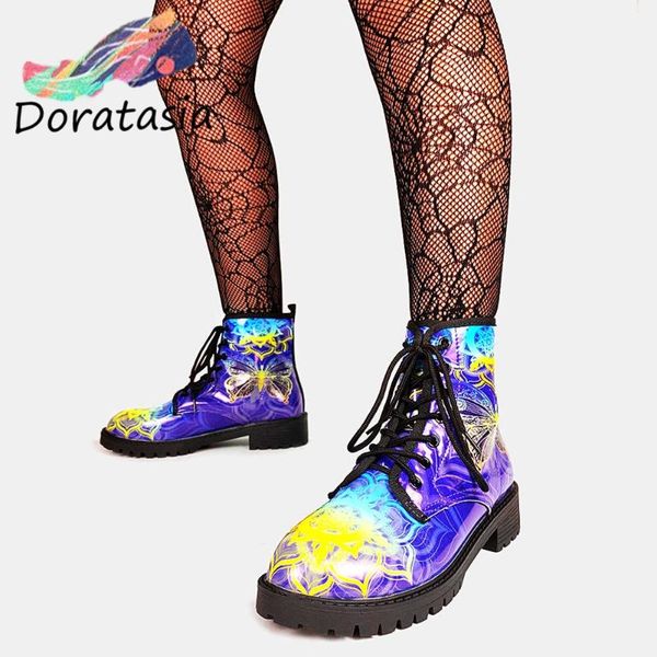 

boots doratasia brand women lace up mixed color round toe ankle shoes chunky platform design stylish, Black