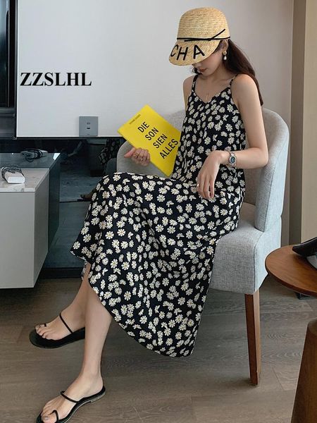 

zaraing style 2021 daisy floral sling dress fashion vacation a line medium long prairie chic strap women's summer sundress casual dress, Black;gray