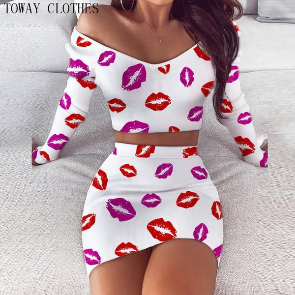 

two piece dress women lips plaid ribbed crop & skirt sets sweat suits 2 set v neck female outfits, White