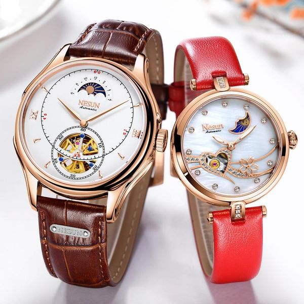 

nesun couple automatic casual wristwatches tourbillon skeleton mechanical movement moon phase leather lovers wedding gift clock, Slivery;brown