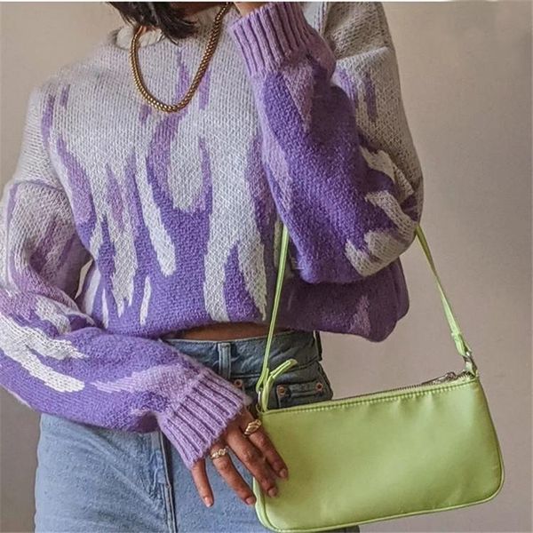 

women's sweaters vintage purple flame loose sweater 2021 autumn long sleeve o neck pullover knitted women casual streetwear chic, White;black