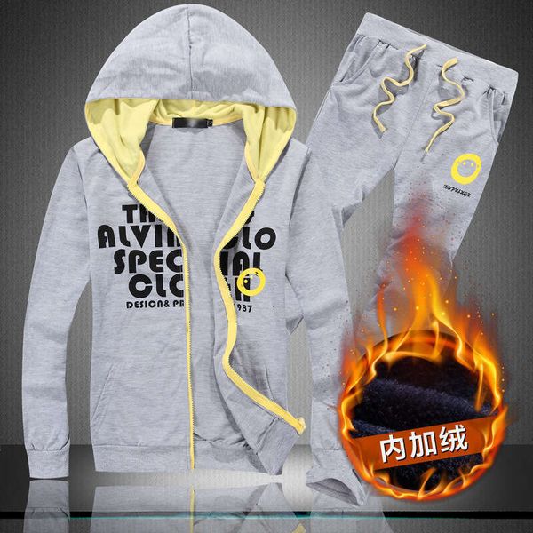 

sweater tracksuits winter men's sports suit cardigan large bathroom clothes with plush, Gray