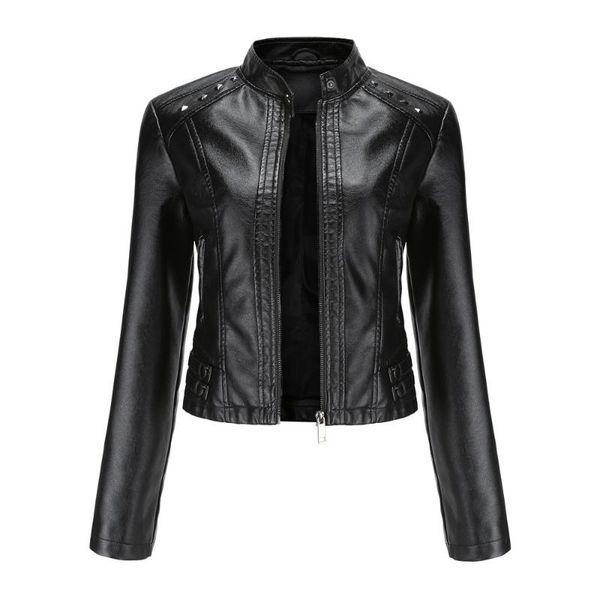 

women's leather & faux short women jacket 2021 rivet moto biker zipper spring autumn veste cuir femme chaqueta cuero mujer black