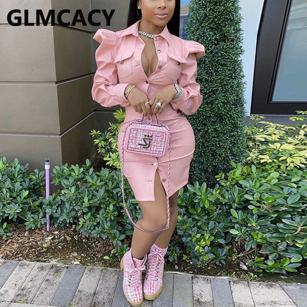 

women puff sleeve pu leather dress chic button down bodycon dresses 210702, Black;gray