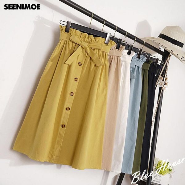 

summer autumn skirts womens midi knee length korean elegant button high waist skirt female pleated school, Black